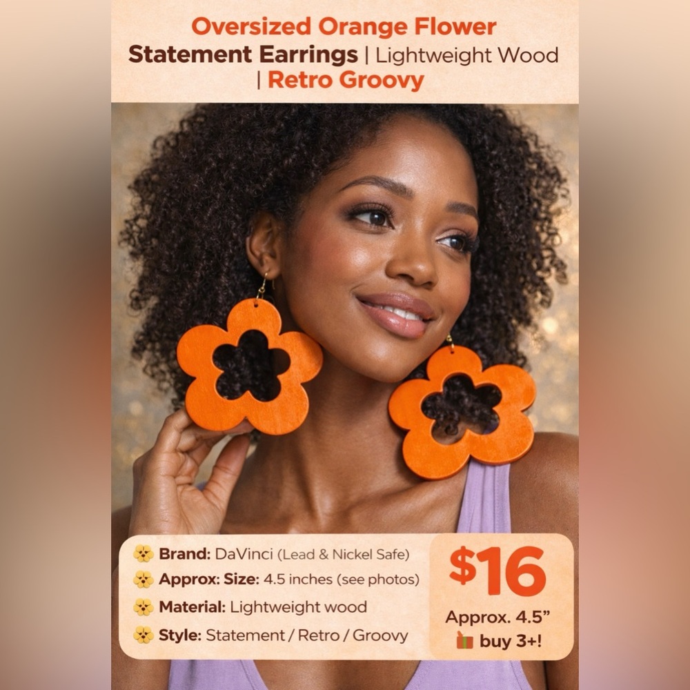 Oversized Orange Flower Earrings 4.5” | Lightweight Wood Statement Retro Groovy